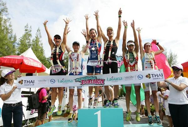 Top finishers of Laguna Phuket Triathlon 2012 celebrate (left to right) Belinda Granger, Tim Meyer, Radka Vodickova, Ruedi Wild, Alberto Cassadei and Edith Niederfringer.